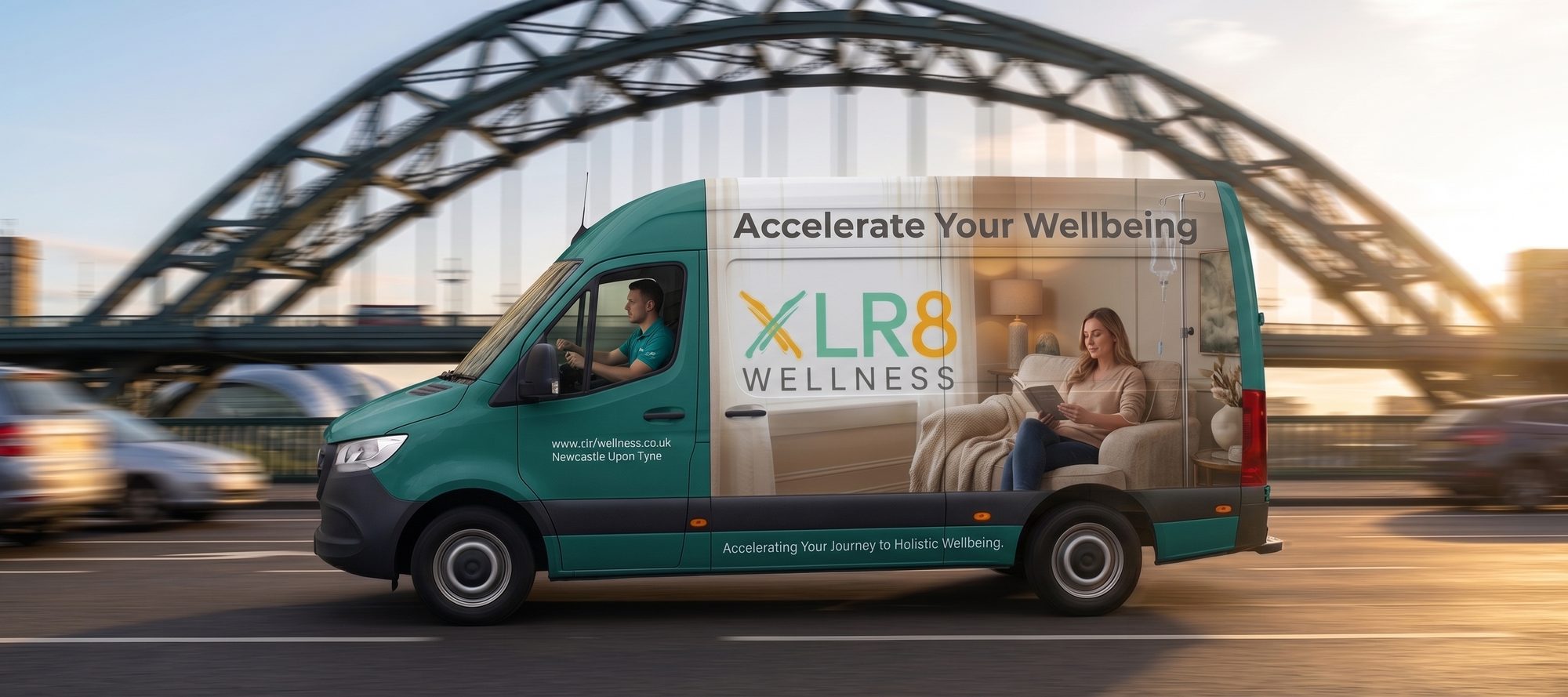 An XLR8 Wellness van crossing the Tyne Bridge in Newcastle upon Tyne