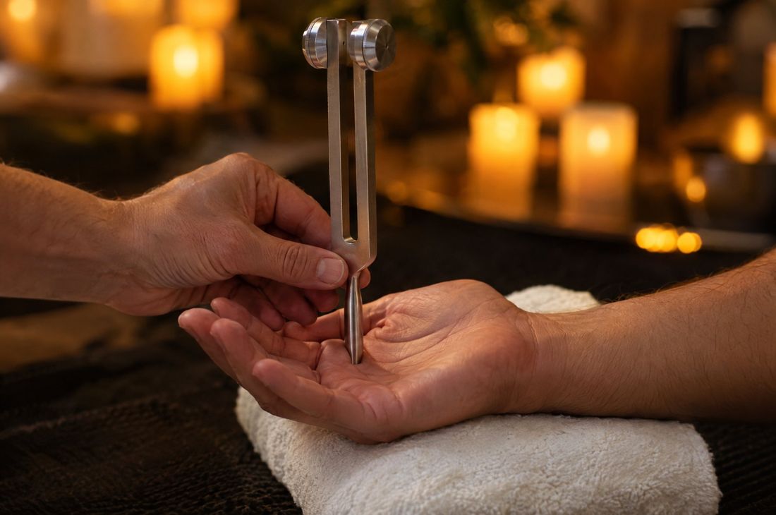 A weighted tuning fork held by the handle in one hand
